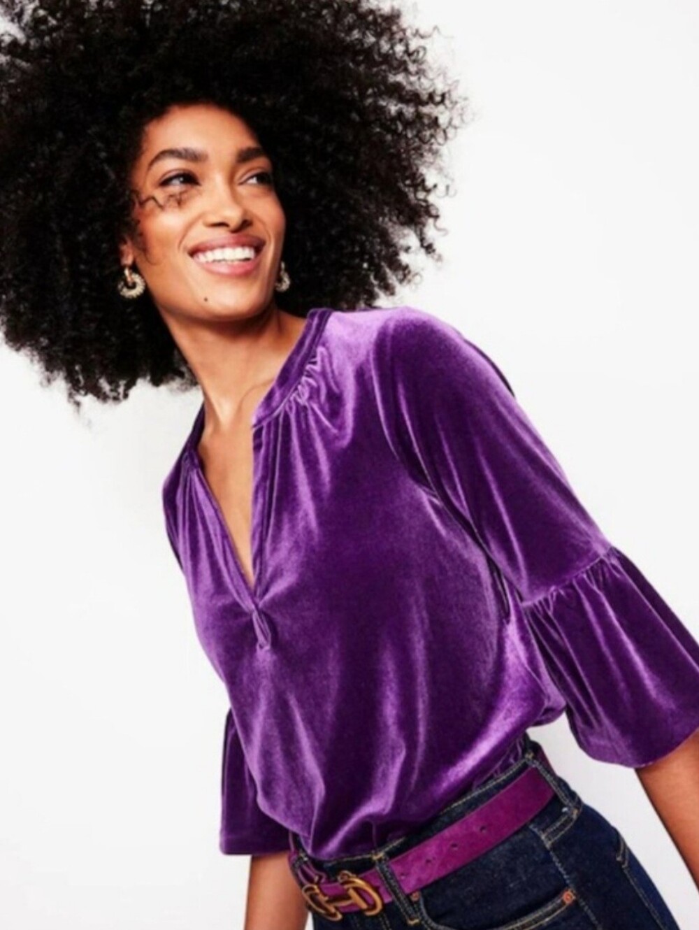 Boden Notch Neck Purple Velvet 3/4 Bell Sleeve Top, Size 8